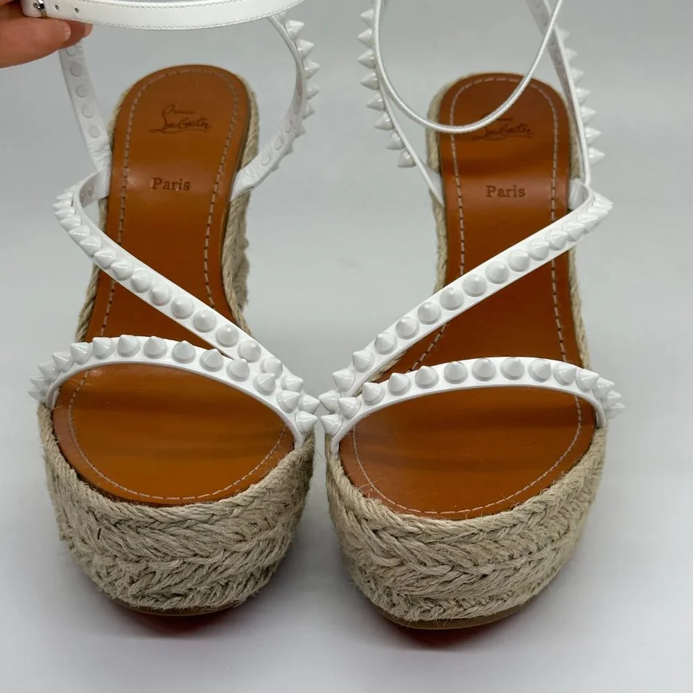 Christian Louboutin White Studded Espadrille Wedge Sandals